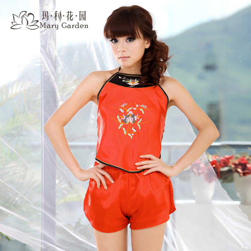 Free shipping Red faux silk apron vintage women's sexy apron set underwear sleepwear