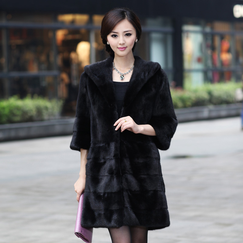 free shipping Red fur coat 2012 mink overcoat female long design hooded b10020 douhua