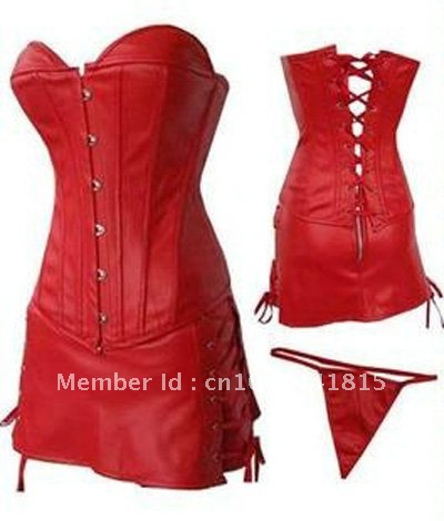 Free Shipping  Red Sexy Lingerie corset leather ( bustier+G-string+skirt ) wholesale and retail 0854