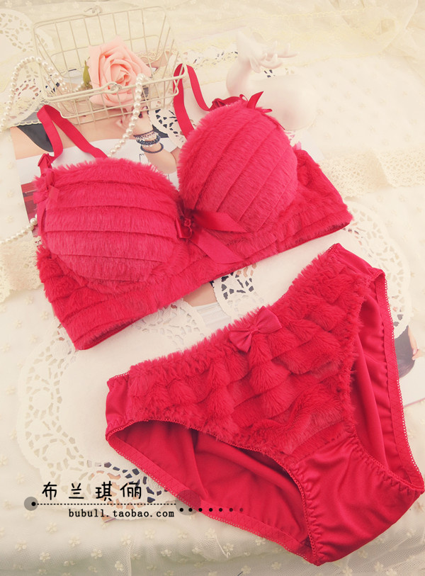 Free shipping Red velvet 3 breasted bra set red push up adjustable shaggier underwear