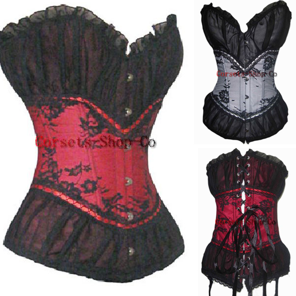 Free shipping Red White Sexy Lingerie Lace up Boned Corset Bustier Top Gstring Women's Costume Set S-2XL