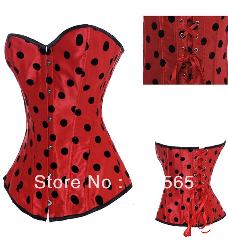 Free shipping Red with Black dots lace up boned corset busiter underwear+G-string S-2XL