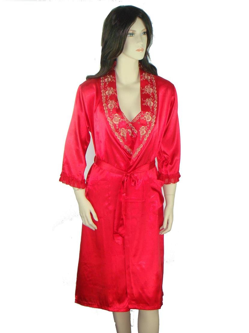 Free Shipping Red Women's 2pc Nightwear Robe Silk Polyester Bath Gown Wholesale Retail S M L XL S0040