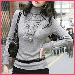 FREE SHIPPING! Retail and Wholesale! 2013 spring long-sleeve lace turtleneck medium-long basic shirt sweater women's