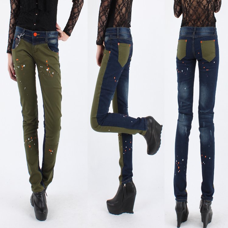 FREE SHIPPING! Retail and Wholesale! color block denim paint pattern female jeans