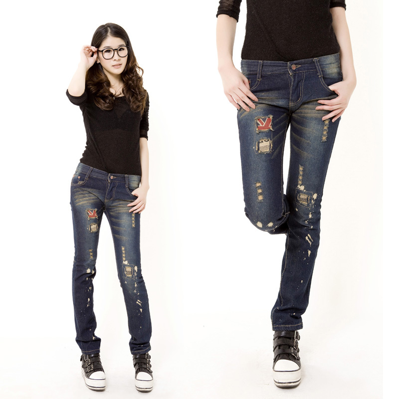 FREE SHIPPING! Retail and Wholesale! personalized applique hole trend casual straight female jeans