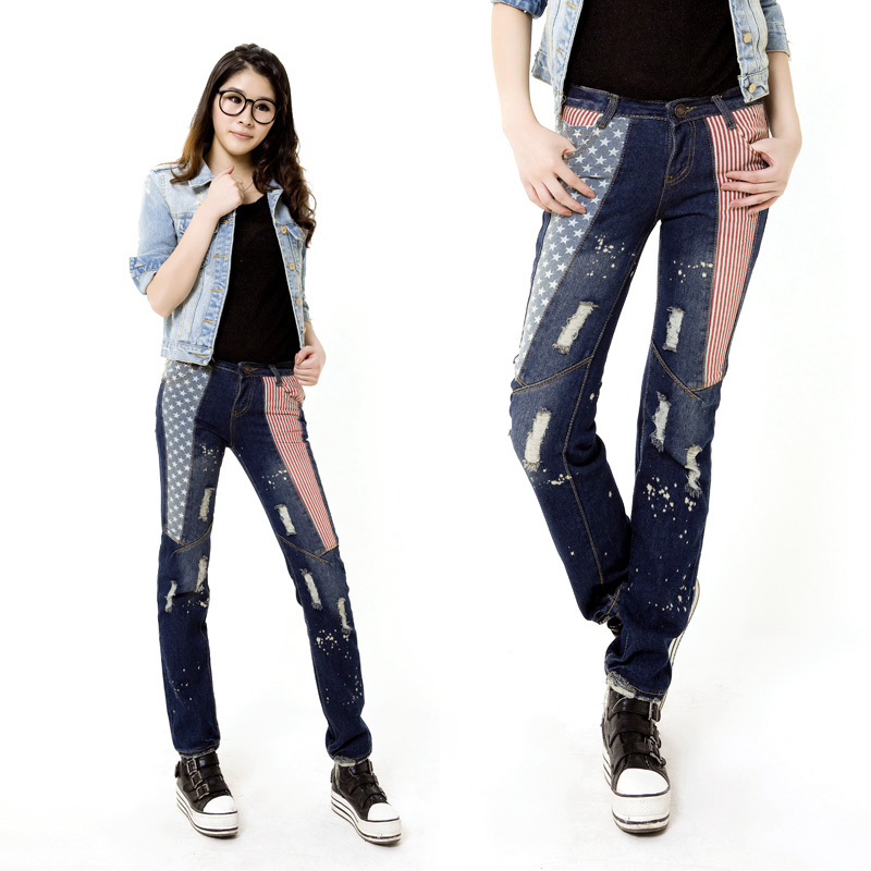 FREE SHIPPING! Retail and Wholesale! straight casual stripe pattern trend female jeans