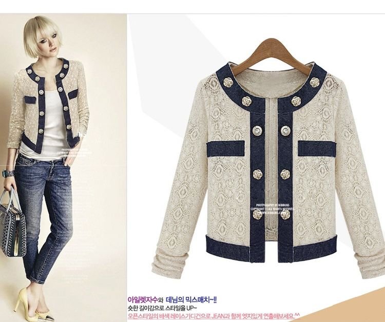 free shipping Retail autumn sweety slim fashion long sleeve lace denim patchwork beige women's Casual jacket R7578