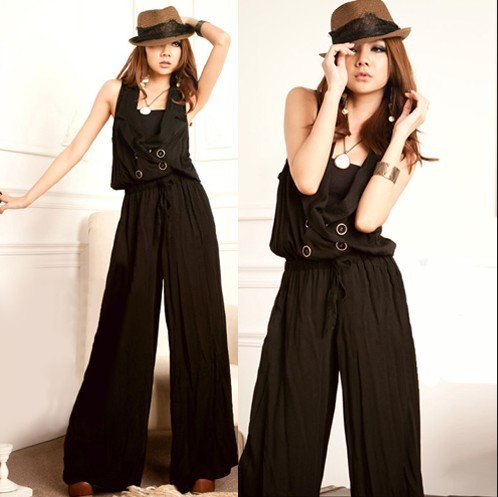 free shipping Retail summer popular sweety solid sleeveless cotton black women's Casual V-neck pants jumpsuit E118255