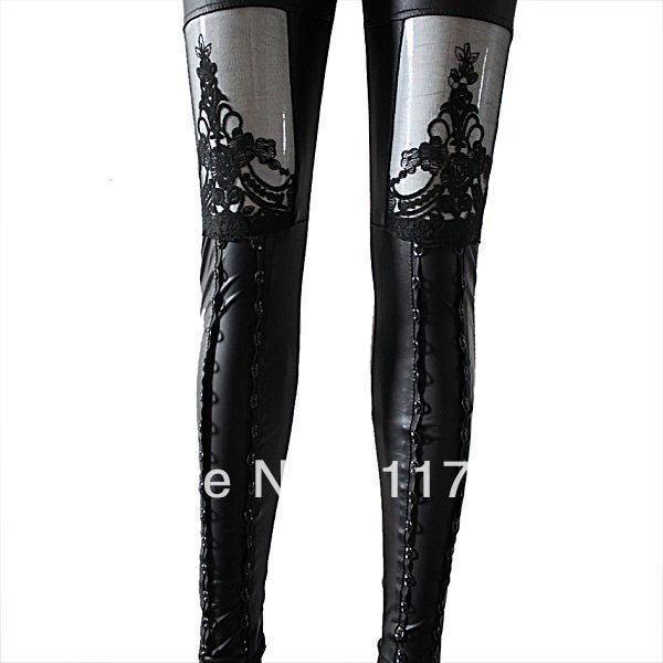 Free Shipping Retro Women's Black PU Leather Lace Stitching Tights Leggings Pant New 651130