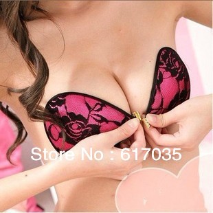 Free Shipping Reusable Silicone Invisible Self Adhesive Strapless Bra WOMEN strapless Lacy  Rose Pink Black lace