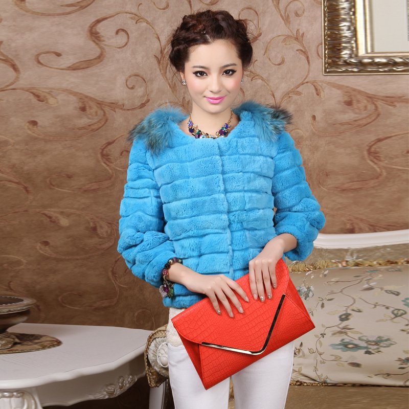 free shipping, Rex rabbit hair fur coat raccoon fur o-neck 2012 three quarter sleeve slim overcoat