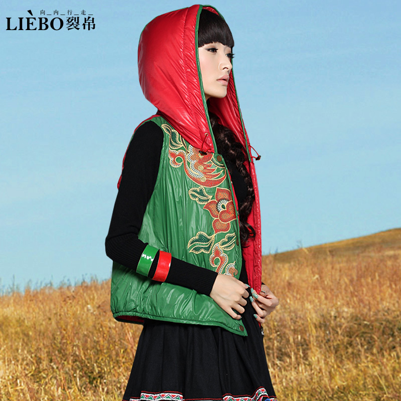 Free shipping RIP women's red and green color block metal buckle curved embroidered slanting lapel cotton vest 24180026