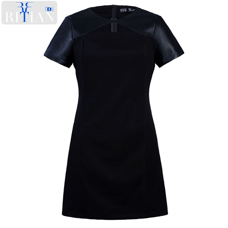 free shipping Ritian d fashion star patchwork sheepskin slim short-sleeve dress black Genuine leather