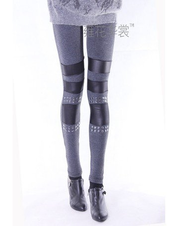 Free shipping,rivet ankle length trousers faux leather patchwork legging autumn and winter warm pants boot cut jeans