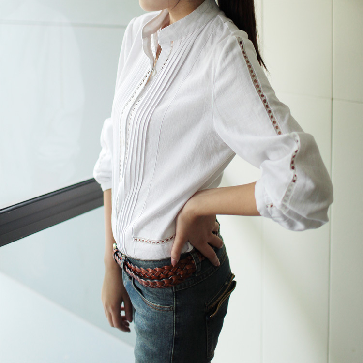 Free shipping Rojay women's 2012 autumn white shirt linen stand collar slim long-sleeve shirt female top