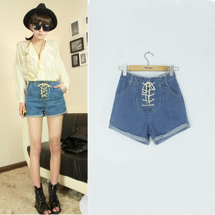 Free Shipping Roll-up hem straps denim high waist denim shorts 37a893 high quality