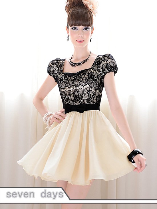 Free Shipping Romantic Square Neck Bowknot Puff Short Sleeve Patchwork Mini Dress SL100532