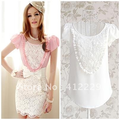 Free shipping rose o-neck vintage puff short sleeve ladies slim cute lace blouses shirts 2012 design hot selling