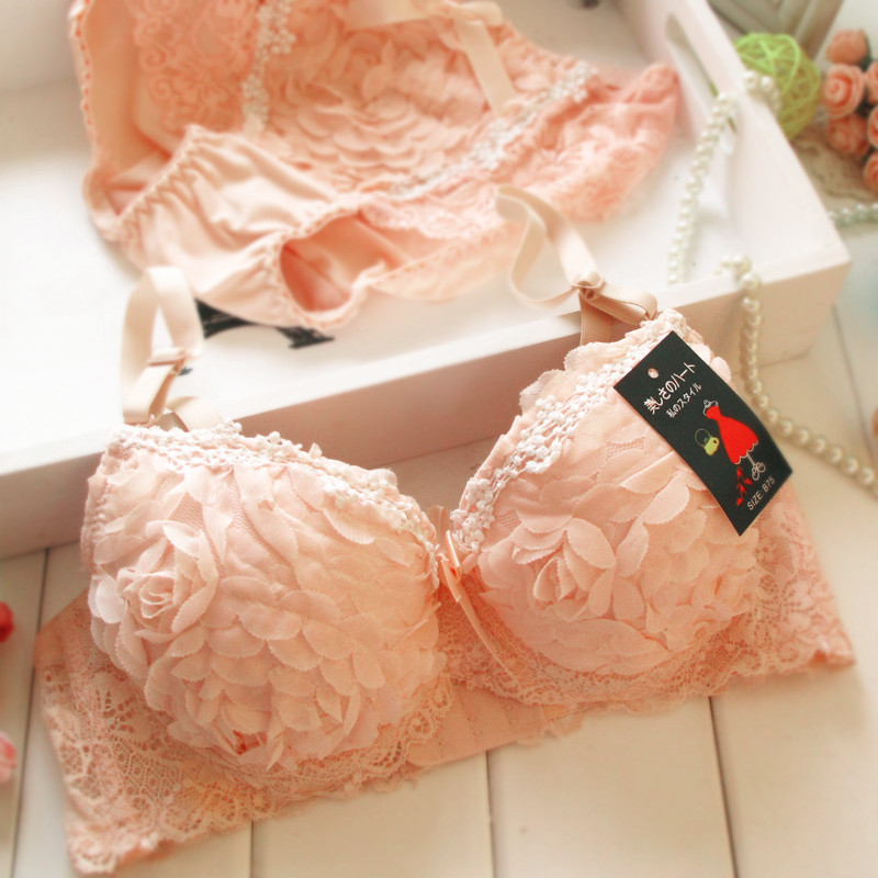 free shipping Rose three-dimensional underwear bra set push up sexy bra set petals decoration