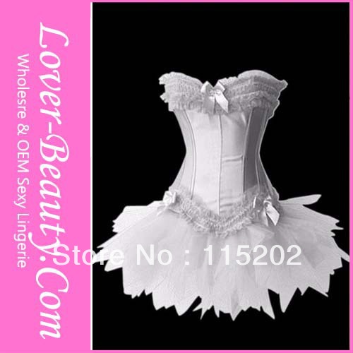 Free Shipping Ruffle Trimmed Long Line Satin Corset with Lacy Tutu Skirt White LB4020W