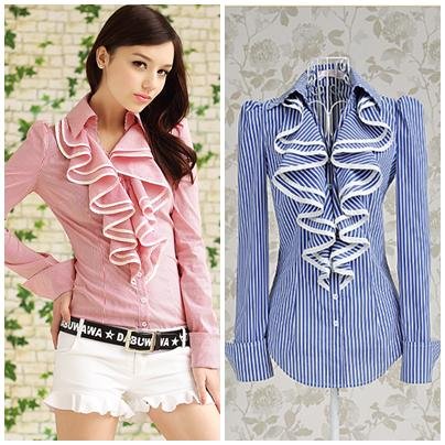 Free shipping ruffles striped full sleeve ladies casual slim blouses shirts 2013 design hot selling