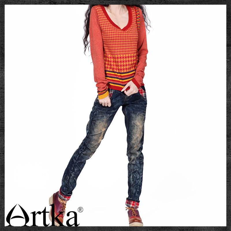 Free shipping, Sala, water wash plaid patchwork roll up hem skinny jeans kn11420q