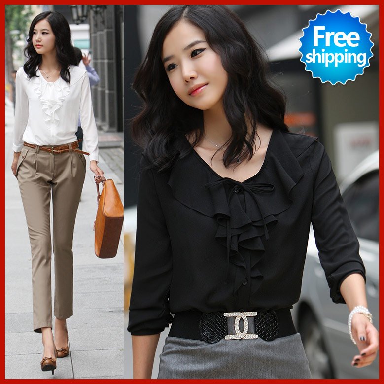 Free shipping sale woman 2012 Spring New elegant ladies O NECK flouncing cotton long-sleeved shirts Blouses XS S M L XL XXL