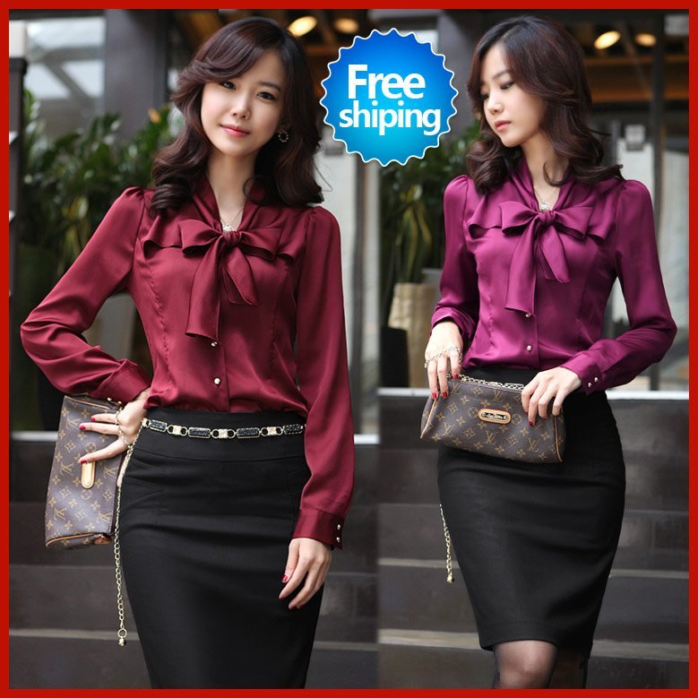 Free shipping sale women 2012 spring fashion new Hot OL bow tie shirt solid color long-sleeved cotton lady blouses S M L XL