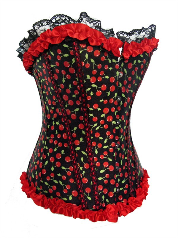 Free shipping, satin with cherry print  boned  lace up corset bustier lingerie with lace trim  dropship S-2XL