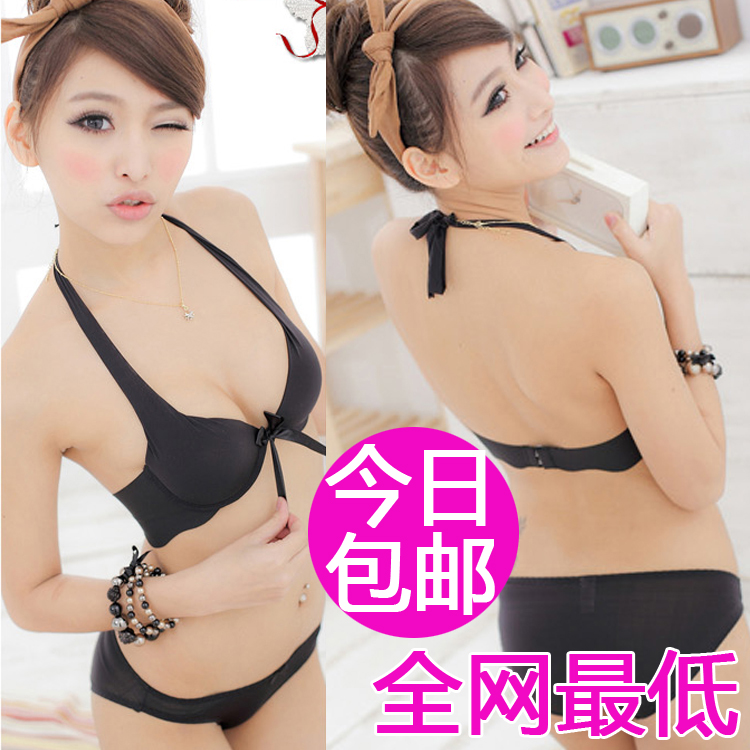 Free shipping Seamless glossy sexy push up halter-neck racerback underwear bra set