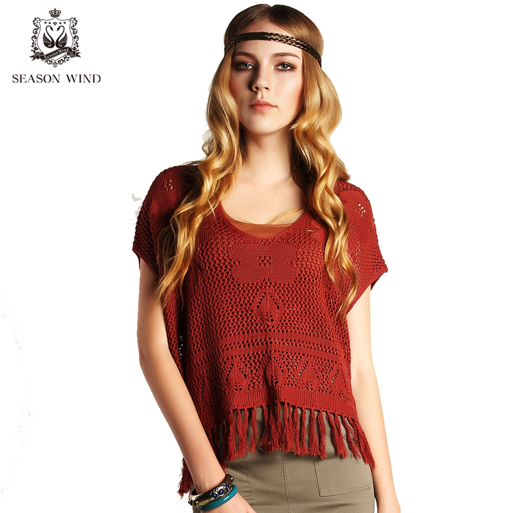 FREE SHIPPING SEASONWIND 2013 new arrival spring fashion crotch cutout tassel straight short design sweater