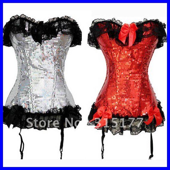 Free shipping Sequin Lace Burlesque Corset Wholesale 10pcs/lot Steel bone 2012 Corset lingerie Women Sexy underwear 5232