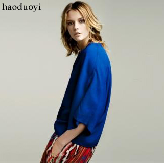 Free Shipping sex 2013 blue chiffon shirt butterfly sleeve chiffon shirt three quarter sleeve shirt women's 4 full