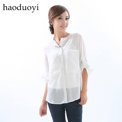 Free Shipping sex 2013 double pocket loose white chiffon shirt 4 full