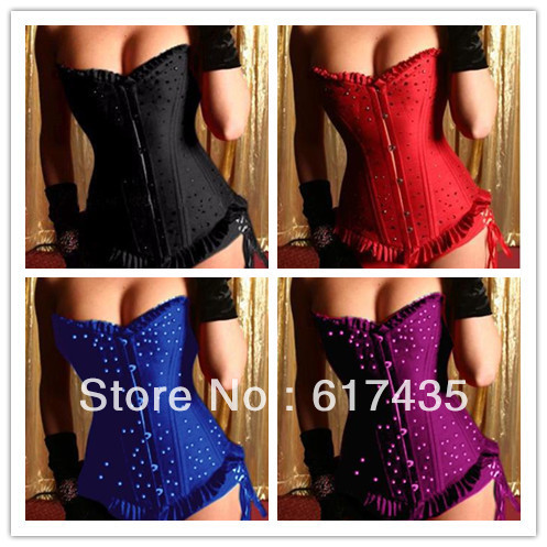 Free shipping Sexy 4 color red/black/blue/purple Diamante boned lace up corset bustier clubwear bodyshaper dropship S-2XL