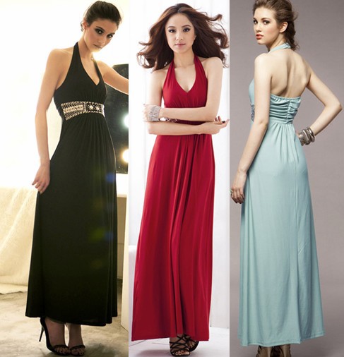 Free Shipping!!! Sexy Backless Halter Neck Beading Rivets Embellished Empire Line Maxi Dress Black/Red/Light Blue E- AQ30004