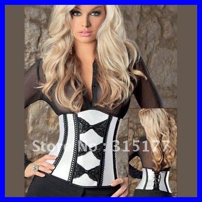 Free shipping Sexy Black Bow Lace Ivory Satin Cincher Wholesale 10pcs/lot Steel bone corset 2012 Corset lingerie 5241