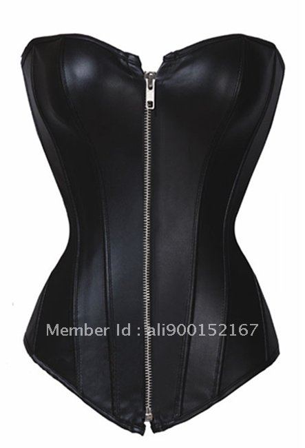 Free shipping Sexy Black Faux Leather Zip Corset Top Punk Bustier Costume S M L XL 2XL