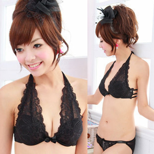 Free shipping Sexy black lace insert halter-neck side buckle women's bikini underwear bra set 111