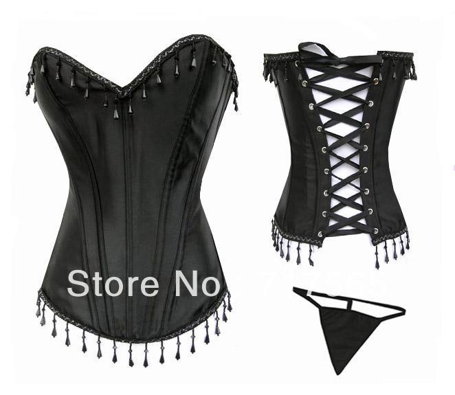 Free shipping!! sexy black tassle lace up corset bustier sweet jewelry attached corset