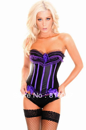 Free shipping Sexy BLACK WITH PURPLE STRIPES UNDERWIRE BURLESQUE CORSET