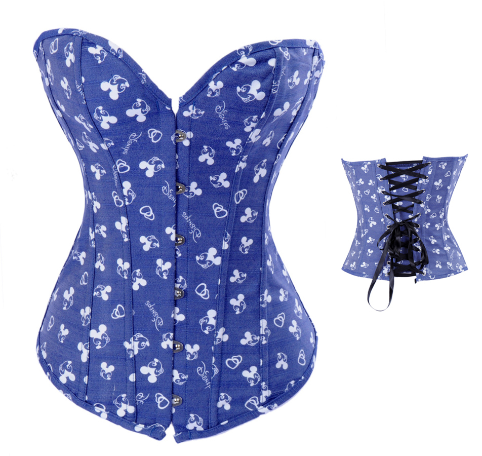 Free shipping,Sexy blue jeans with Mickey Mouse print lace up boned corset busiter bodyshaper lingerie S-2XL