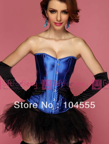 Free shipping Sexy Blue Satin Overbust Long Bone Corset