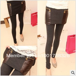 Free Shipping Sexy Double zipper leather Patchwork slim leggings with mini skirts Women's tights ladies' pantyhose wholesale