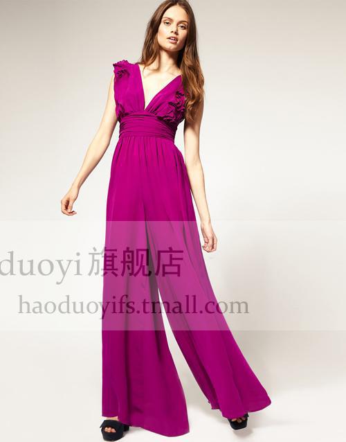 Free shipping sexy fashion deep V chest jumpsuit, Ms. chiffon jumpsuit, high waist leotard, bell-bottoms-G292