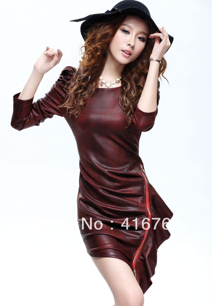 FREE SHIPPING Sexy Fashion Mini Full Sleeve Women Dress Ladies Dress Slim Flounced Serpentine Leather Dress Snake Style Dress