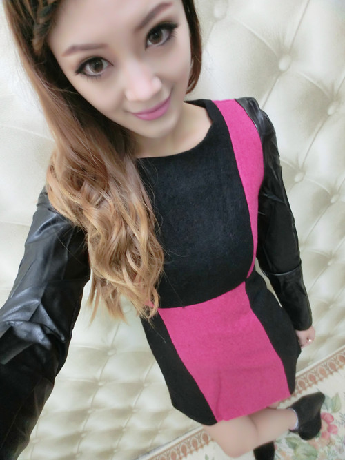 Free Shipping sexy fashion Nina 2013 winter new arrival loose one-piece dress woolen patchwork leather sleeves basic skirt