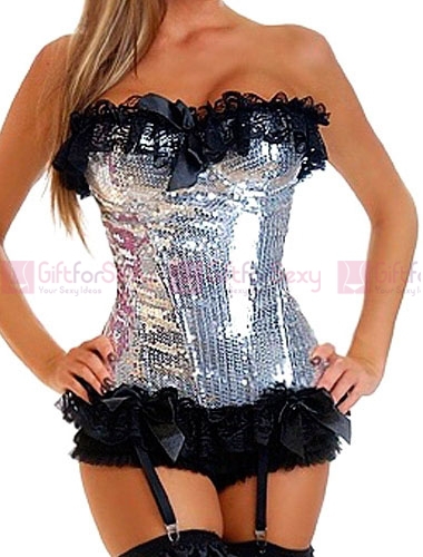 Free shipping  Sexy Fashion Silver Sequin Pin-Up Burlesque Corset