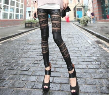 Free shipping Sexy Faux Leather Lace Slim Leggings Stretch Tight Trousers Black SZ S M L